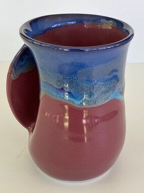 2018 Neher Pottery Dark Blue Plum Purple Drip Glaze Left Handed Handwarmer Mug